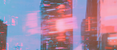 Digital glitches create a vibrant aesthetic in urban landscape of modern cityの素材