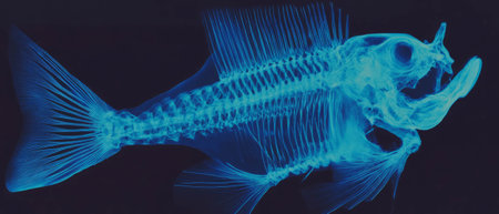 X-ray revealing intricate details of fish bones and sharp spines in underwater environmentの素材