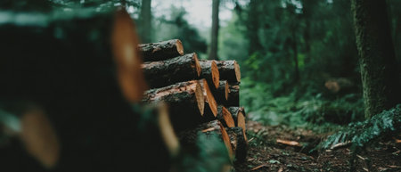 Stacked firewood logs in a serene forest setting during early morning lightの素材