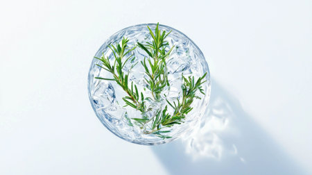 Fresh rosemary sprigs in clear glass with ice for culinary and herbal useの素材