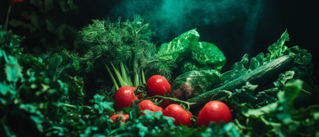 Fresh vegetables and vibrant greens create a colorful display of healthy nutritionの素材