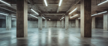 Dark and mysterious empty basement with concrete walls and fluorescent lightingの素材
