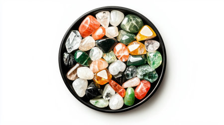 Multicolored tumbled crystals in black circular tray for meditation or home decorの素材