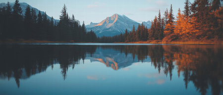 Serene autumn forest reflecting in a tranquil lake with vibrant, colorful foliageの素材