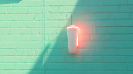 Neon milkshake art on green brick wall design for modern decorの素材