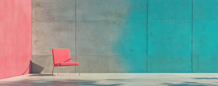 Modern minimalist interior with fuchsia chair against grey and white concrete wallの素材
