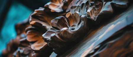 Intricate wooden sculpture with floral designs showcasing craftsmanship and artistryの素材