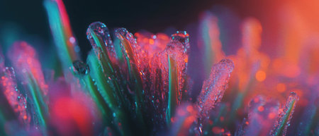 Close-up view of colorful dew droplets resting on green grass blades at dawnの素材