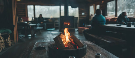 Enjoying a cozy evening by the fireplace in a rustic cabin hideaway during winterの素材