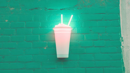 Neon milkshake cup on green brick wall texture for creative design and urban decor inspirationの素材