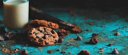 Homemade chocolate chip cookies with fresh milk on a rustic tableの素材