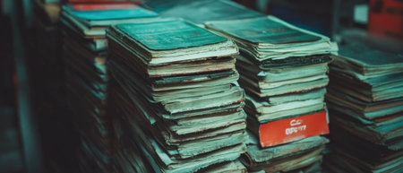 Textured legal documents stacked in an organized manner on a shelf in a law officeの素材