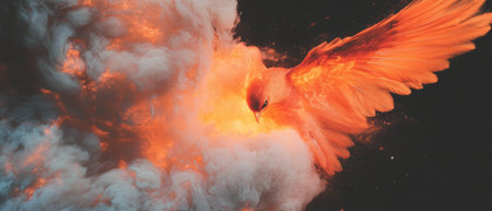 Fiery phoenix rises from ashes against a dark backdrop symbolizing rebirth and powerの素材