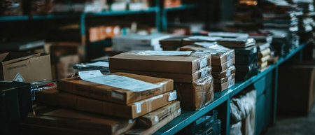 Shipping documentation and packages organized on a workplace deskの素材