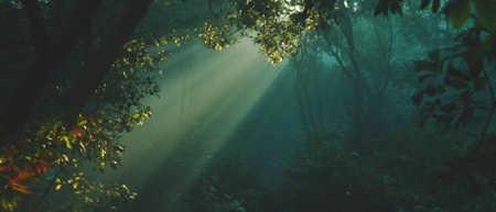 Sunlight filtering through dense forest trees, creating a serene natural atmosphereの素材