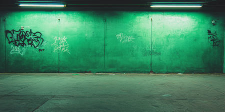 Faded graffiti on a light deep green wall with bright markings in an urban settingの素材