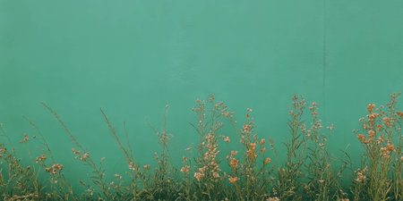 Green textured wall with grainy finish and wildflowers at the baseの素材