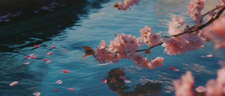 Serene cherry blossom trees over river reflect beauty of springtime blossoms and petalsの素材