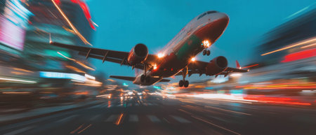 Powerful airplane taking off with dynamic light trails at duskの素材