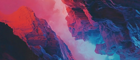 Cinematic view of a dramatic canyon showcasing vibrant rock formations and striking contrastsの素材