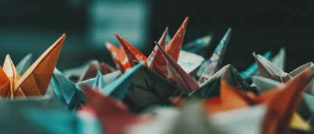 Intricate display of colorful paper cranes showcasing art of origami craftsmanshipの素材