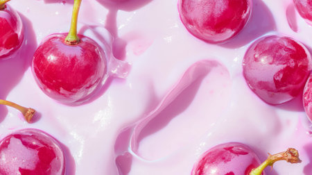 Fresh grapes on pink creamy surface - abstract fruit and food conceptの素材
