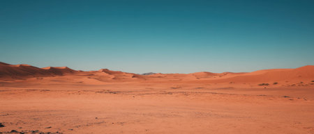 Clear blue sky over vast desert landscape with gentle dunes and tranquil atmosphereの素材