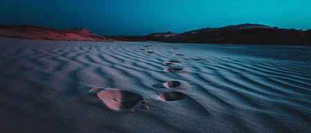 Footprints mark a sandy path under a twilight sky, capturing fleeting moments of natureの素材