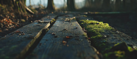 Textured wood surface adorned with vibrant moss under soft natural lightの素材