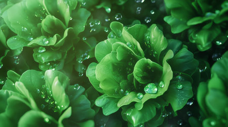 Fresh green lettuce overhead closeup with water droplets for healthy eating inspirationの素材