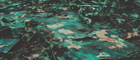 Camouflage fabric blending with forest floor during military operation environmentの素材