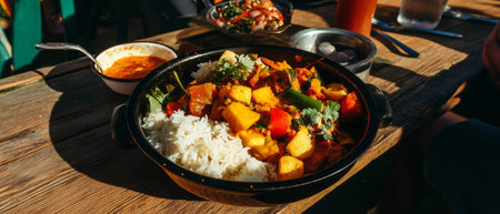 Colorful vegetable curry with rice served in a cozy outdoor settingの素材