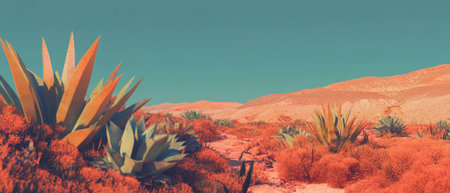 Colorful green succulents thrive in a vibrant desert landscape under clear blue skiesの素材