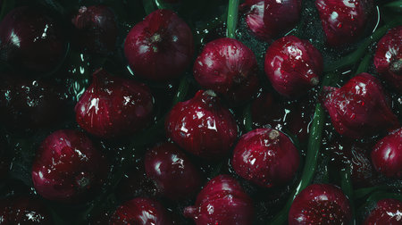 Fresh red onions in water on dark surface for culinary and kitchen themesの素材