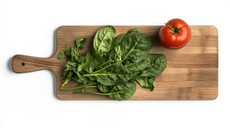 Fresh spinach and tomato arrangement on wooden cutting board for culinary presentationの素材