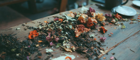 Herbal tea leaves and dried flowers create a rustic background on a wooden surfaceの素材