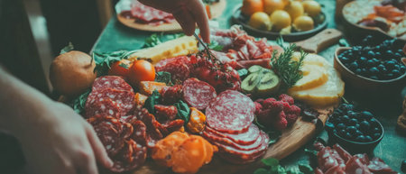 Elegant charcuterie board showcasing delectable meats and fresh fruits for gatheringsの素材