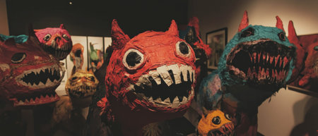 Colorful paper mache sculptures of whimsical creatures displayed in an art galleryの素材