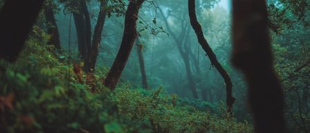 Mystical forest trees create an ethereal atmosphere through blurred motion and long exposureの素材