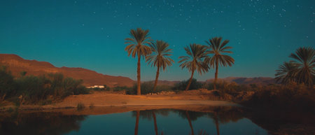Desert oasis with palm trees reflects the starry night sky in a serene landscapeの素材
