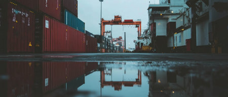 Stacked shipping containers reflecting in water at a bustling port during overcast weatherの素材