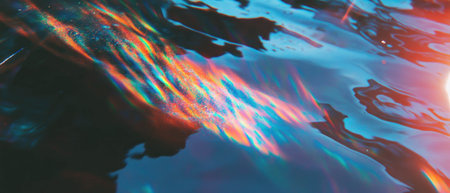 Iridescent light rays creating a vibrant overlay texture on a reflective surfaceの素材