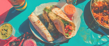 Savory burritos served with rice and beans on a vibrant blue tableの素材