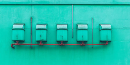 Texture of lime sea green wall with stained metal and grunge appeal in urban settingの素材