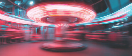 Vibrant carousel in motion creating a whimsical atmosphere at a fairgroundの素材