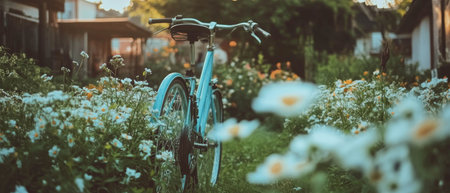 Vintage bicycle parked amidst blooming flowers on a charming street in golden lightの素材