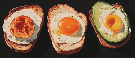 Bright and healthy breakfast with golden brown toast and fresh avocado slicesの素材