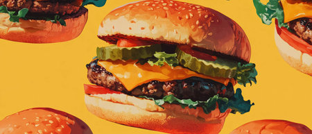 Gourmet burgers made with fresh ingredients on a vibrant background of colorの素材