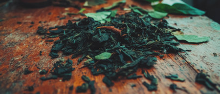 Herbal tea leaves scattered on a wooden surface in a cozy kitchen settingの素材