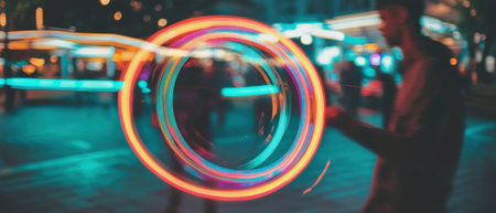 Vivid neon lights create dynamic overlays in a bustling urban settingの素材